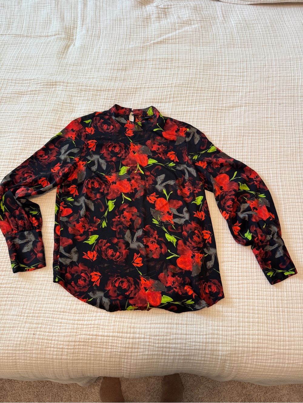 Wesc Black Blouse with Red Floral Print and Green Accents